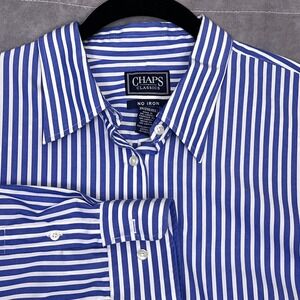 Chaps Button Down Shirt Mens 2XL Blue White Striped No Iron Long Sleeve